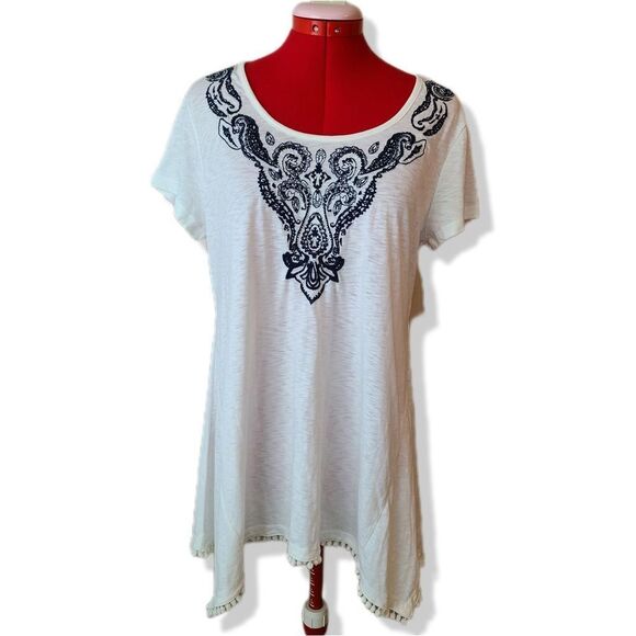 Nwt Macy's Style & Co white brown space dye tunic tee black embroidered tassel m - Picture 1 of 5